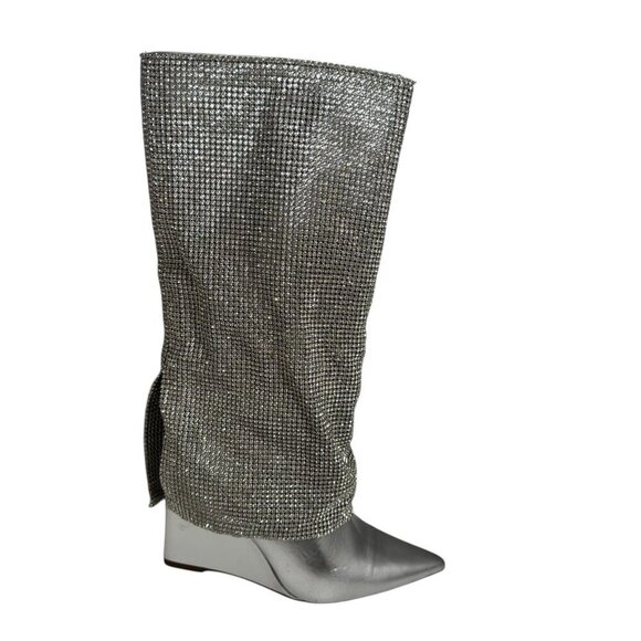 Steve Madden Riski Metallic Leather Rhinestone Foldover Tall Wedge Boots NEW - Picture 3 of 10